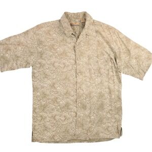 Bobby Chan Silk Camp Shirt Men M Tan Tropical Floral Leaf Vintage Hawaiian Aloha